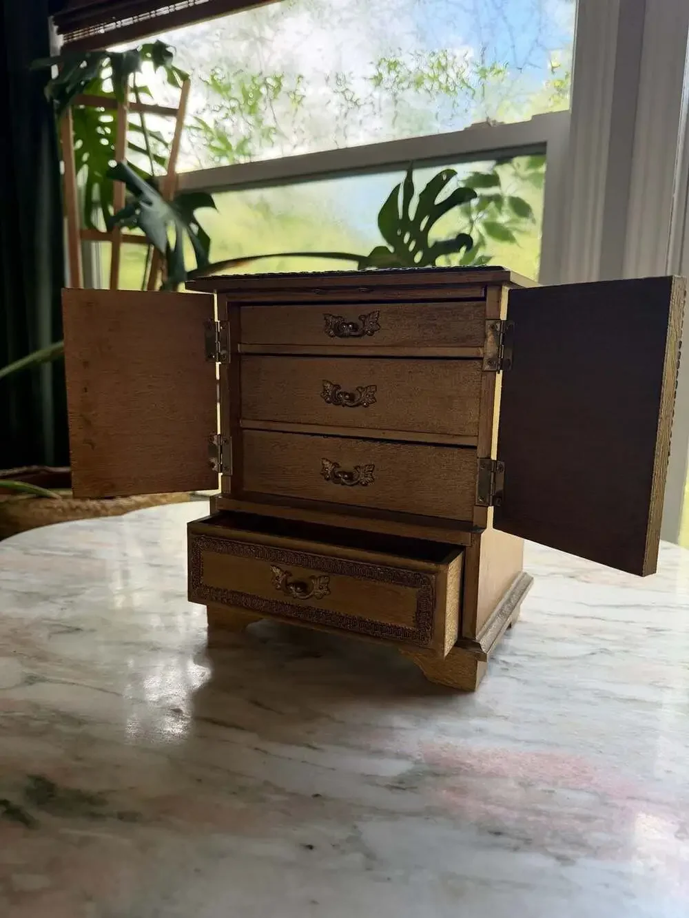 Vintage Florentine Wooden Miniature Armoire Jewelry Box with Romantic Scene Pane
